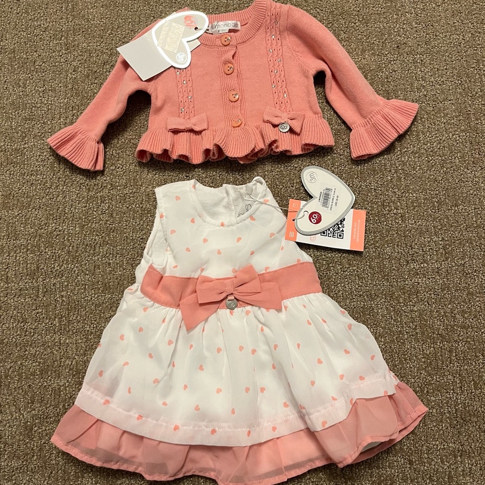 NWT Limonada Baby Girl Dress and Matching Pink Cardigan